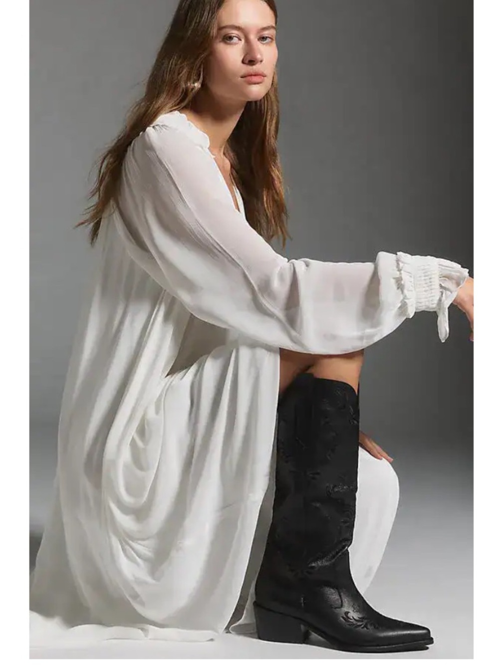 Anthropologie Stivali Black Leather Jolene Western Embroidered Tall Cowboy Boots
